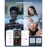 Split image of a man in New York using the Lovense Remote App and a woman in Berlin experiencing powerful sensations with the Lovense Hush 2 Vibrating Butt Plug - Large. Below, screenshots of the app interface demonstrate simple navigation and flawless control, accompanied by QR codes for downloading on the App Store and Android.